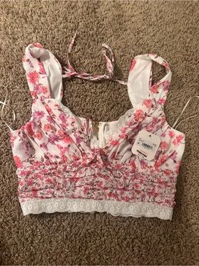 Altar'd State White Crop Top with Pink Floral Print and Lace Trim